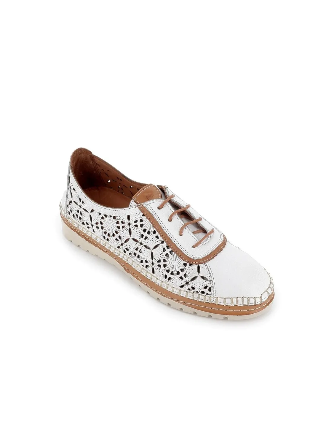 Zapato blanco plano cordones con calados geométricos mujer  Erase