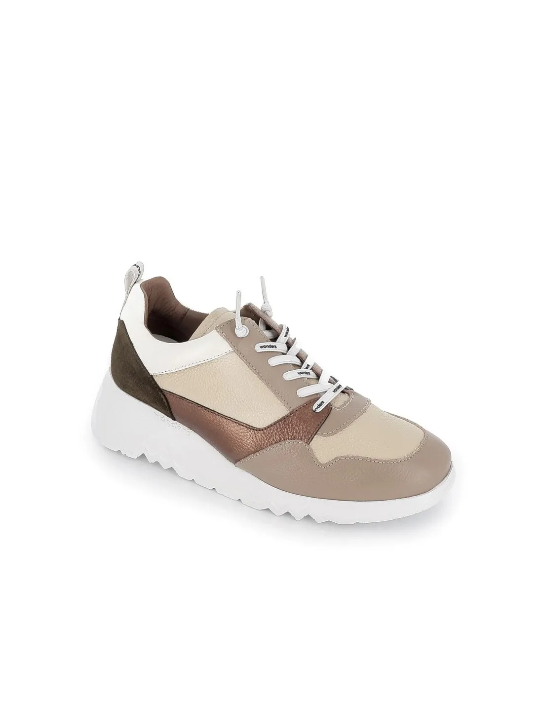 Zapato piel cordones elasticos tricolor taupe mujer  Wonders