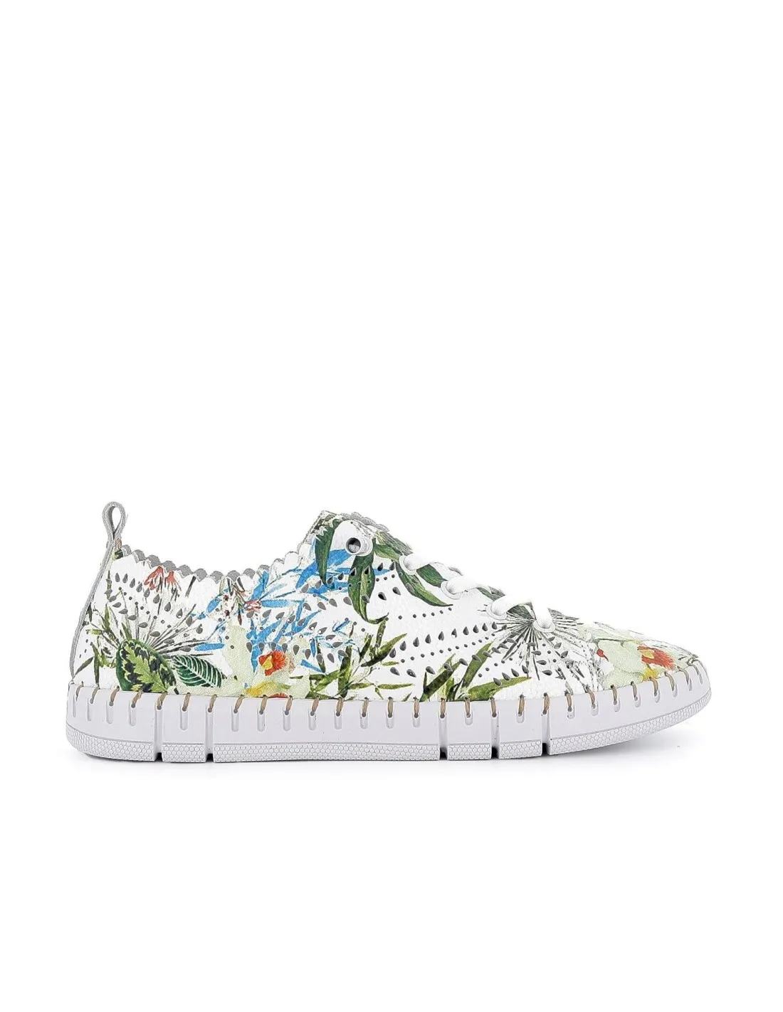 Zapato plano de piel calada con cordones y flores mujer blanco THE HAPPY MONK