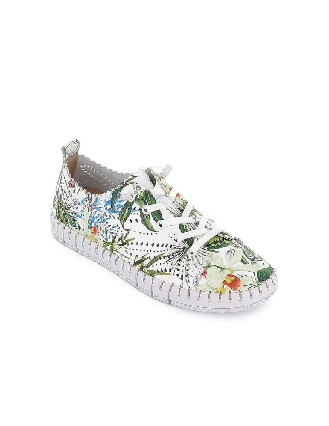 Zapato plano de piel calada con cordones y flores mujer blanco THE HAPPY MONK